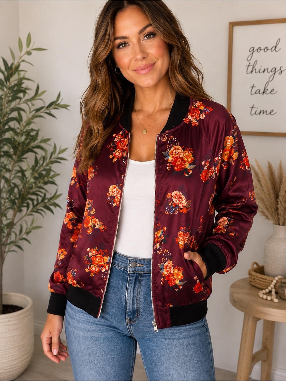 GUESS Floral Satin Bomber Jacket Women's M nBurgundy Full Zip